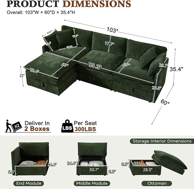 Ihanherry 103" Modular Sectional Sofa with Storage, L Shaped Cloud Couch with Movable Ottomans & 4 Pillows, Chenille Deep Seat Sectional Couches for Living Room, Apartment (Green)