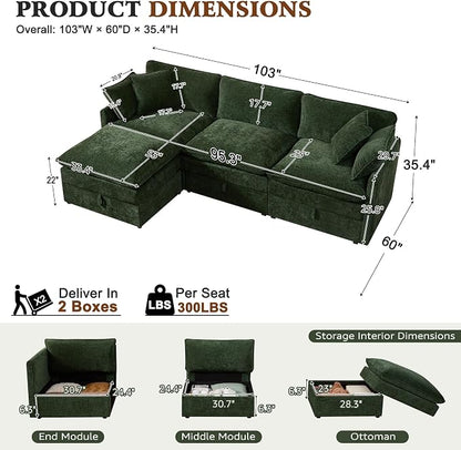 Ihanherry 103" Modular Sectional Sofa with Storage, L Shaped Cloud Couch with Movable Ottomans & 4 Pillows, Chenille Deep Seat Sectional Couches for Living Room, Apartment (Green)
