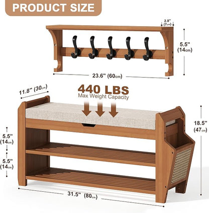 PETKABOO 31.5" Bamboo Shoe Rack Bench with Coat Rack, 3-Tier Entryway Bench with Thick Cushion, Flip-Top & Side Baskets, Holds Up to 550 LBS for Hallway, Living Room, Bedroom
