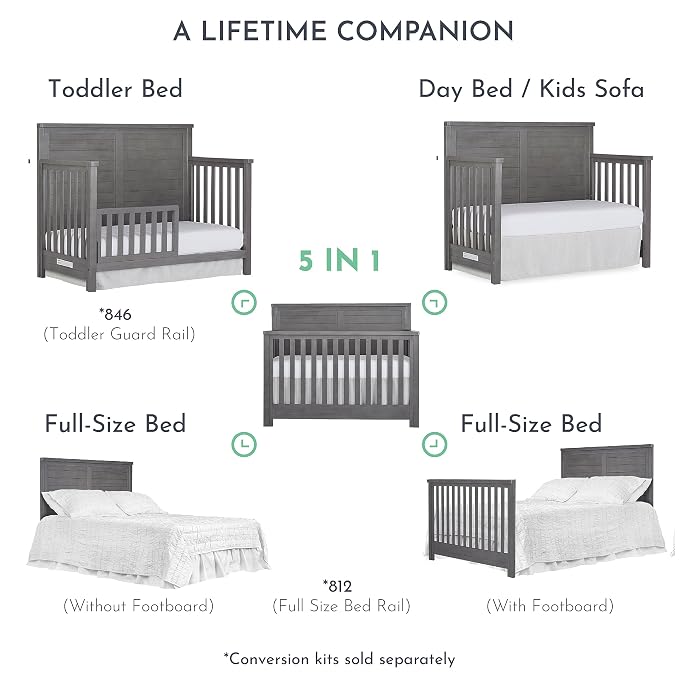 Evolur Belmar Flat 5-in-1 Convertible Full-Size Baby Crib in Rustic Grey, GreenGuard Gold & JPMA, Converts to Toddler, Day & Full-Size Bed, 3 Mattress Heights Crafted in Kiln-Dried Hardwood