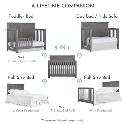 Evolur Belmar Flat 5-in-1 Convertible Full-Size Baby Crib in Rustic Grey, GreenGuard Gold & JPMA, Converts to Toddler, Day & Full-Size Bed, 3 Mattress Heights Crafted in Kiln-Dried Hardwood