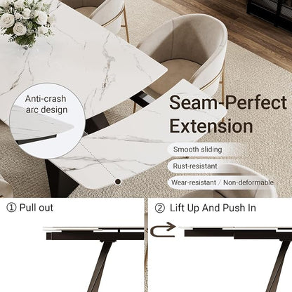Honyee Extendable Dining Table with Leaf, 65 to 95 Inch Rectangular Sintered Stone, Modern Large Dining Room Table Seats 6 8 10 12, Metal Base, Marble Look for Family Gatherings