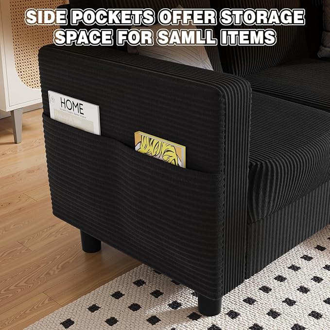 L Shaped Sectional Sofa with Reversible Storage Ottoman, Corduroy 3-Seat Convertible Couch for Small Apartment, Living Room & Studio Loft, Compact Modern Sofa with Side Pockets & Easy Assembly, Black