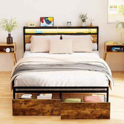 Zevemomo Full Bed Frame with Storage Drawers, Bed Frame Full Size with Headboard, LED Light, Charging Station with 3 USB Ports & 1 Type-C Port, Noiseless, Rustic Brown