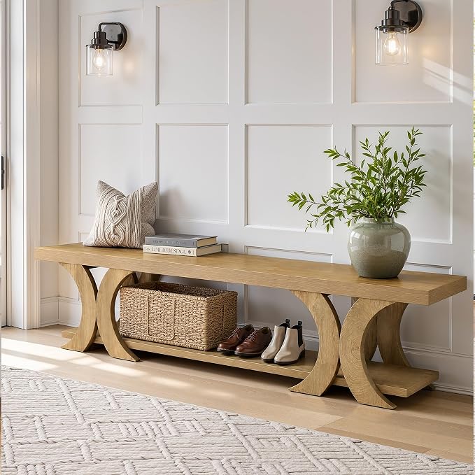 Tribesigns 70.87" Extra Long Entryway Bench, Farmhouse Entryway Bench with Shoe Storage, Wooden Seating with Curved Legs for Living Room, Bedroom, Hallway, Foyer, Easy Assembly