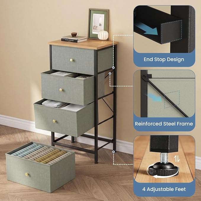 DUMOS Nightstand with 4 Drawers Bedside Table with Removable Fabric Bins Sturdy Steel Frame Wood Top Organizer Furniture for Bedroom Closet Living Room, Greyish Green