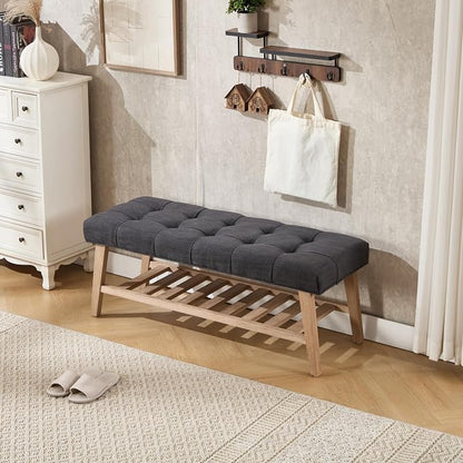 Kmax Entryway Bench with Shoe Storage, Fabric Upholstered Tufted Wood Storage Bench for Living Room Window Bench for Bedroom End of Bed - Linen, Charcoal