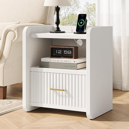Night Stand with Charger Station - Modern Wood Nightstand with Drawer Storage, Fluted Wide Nightstands Bedside Table, Mid Century Night Stands for Bedroom Home Office Sofa, White