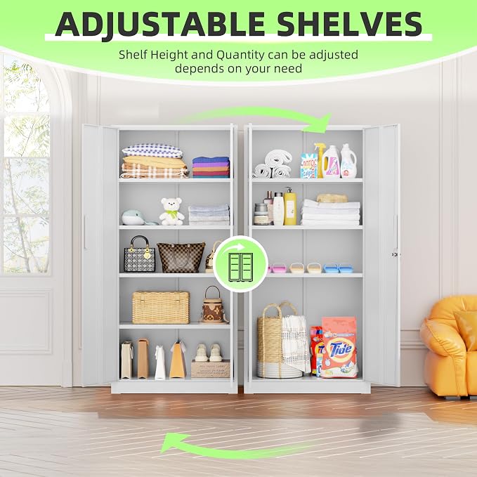 Bonusall 72" Metal Garage Storage Cabinet, 2 Locking Doors & 4 Adjustable Shelves Tall Storage, Heavy Duty Steel Tool Cabinet for Home, Office, Warehouse, School - White