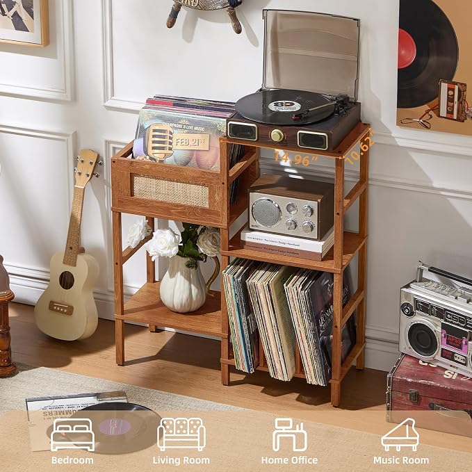 LELELINKY Record Player Stand, Brown Wood Record Holder with Vinyl Storage Holds up to 300+ Albums, 3-Tier Rattan Media Table with Vinyl Display Shelf, Record Storage Cabinet for Living Room