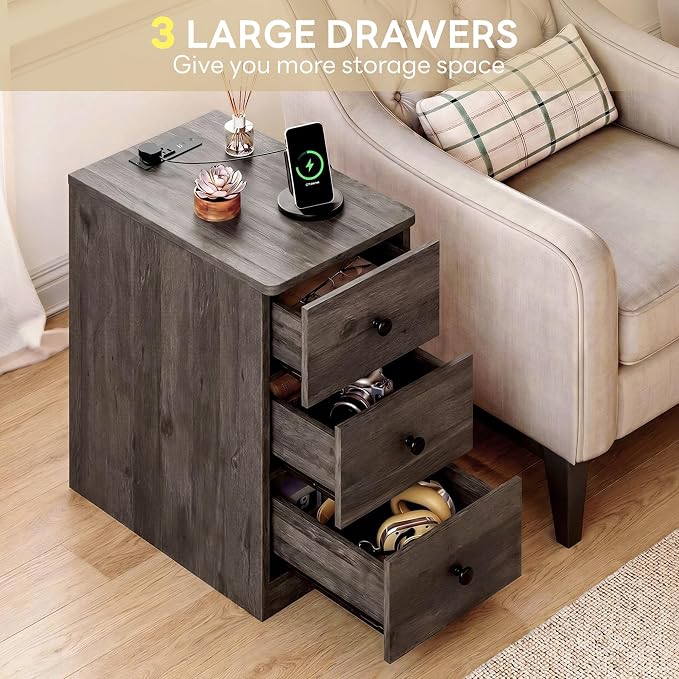 LIKIMIO Nightstand with Charging Station, Narrow Bedside Table with 3 Drawers, End Table with USB Ports and Outlets, Side Table for Living Room/Bedroom Modern, Charcoal Grey