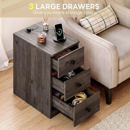 LIKIMIO Nightstand with Charging Station, Narrow Bedside Table with 3 Drawers, End Table with USB Ports and Outlets, Side Table for Living Room/Bedroom Modern, Charcoal Grey