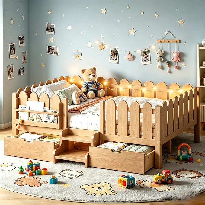 Bellemave Full Size Platform Bed with Storage Drawers & Bookshelf for Boys Girls, Kids Full Bed Frame with LED Lights & Stairs for Children's Room, Natural