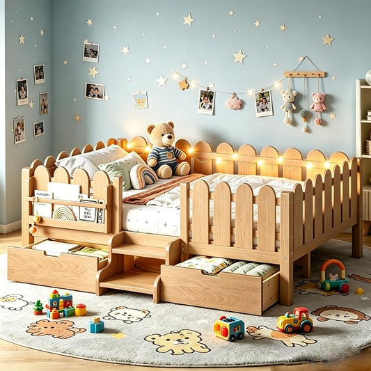 Bellemave Full Size Platform Bed with Storage Drawers & Bookshelf for Boys Girls, Kids Full Bed Frame with LED Lights & Stairs for Children's Room, Natural
