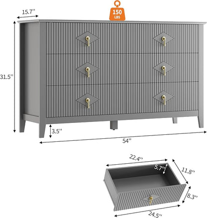 GarveeHome Fluted Dresser for Bedroom, 54 Inch Wide 6-Drawer Wood Dresser, Modern Chest of Drawers, Storage Organizer Cabinet for Living Room, Hallway, Entryway, Grey