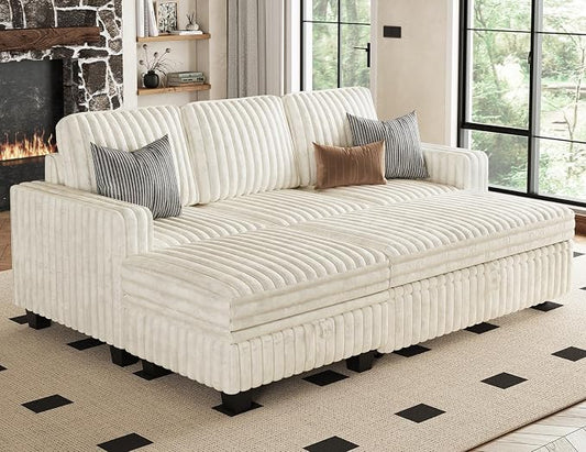 Belffin Corduroy Modular Sectional Sleeper Sofa with Pull Out Bed Small Sectional Couches with Storage for Living Room Apartment Couch. Beige Couch