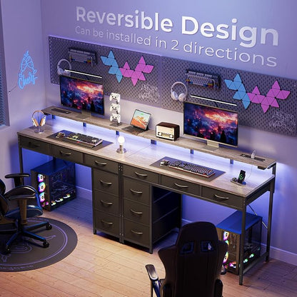 Huuger Gaming Desk with 6 Drawers, Computer Desk with LED Lights Power Outlets and Type-C, 39 Inch Office Desk with Storage, Monitor Stand, Writing & Work Desk for Home Office, Bedroom, Grey, 1CD100H