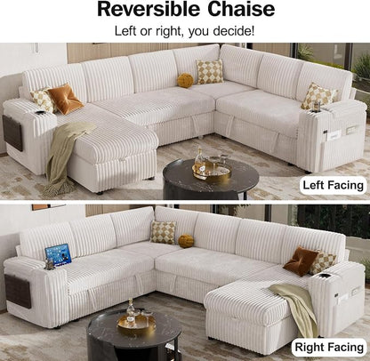 Vipbear 111" Modular Sectional Sleeper Sofa with Pull Out Bed, 7 Seat Plush Corduroy L Shaped Couch with Storage Chaise|USB Ports|Cup Holders|Side Table|Storage Armrests, Tool Free Assembly, Beige