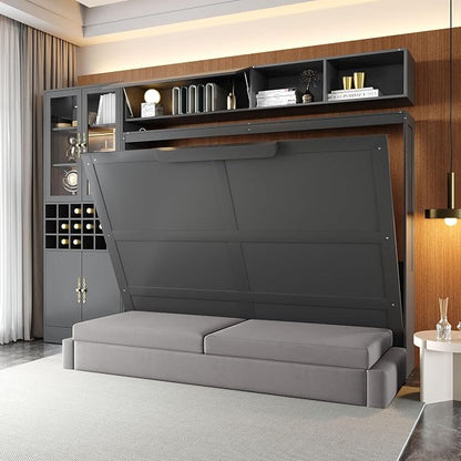 Queen Murphy Bed with Couch, Storage Shelves and USB, Folding Wall Bed | Stores bed and mattress together, with built-in light, 600 lbs capacity and 8-10 in mattress support for small spaces