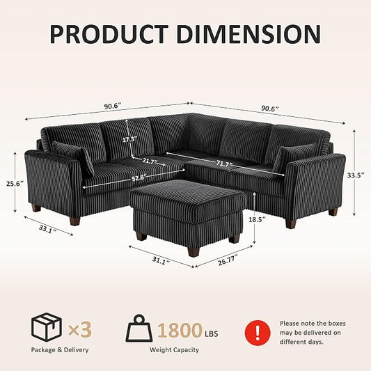VANOMi Sectional Corner Couch, Corduroy L Shaped Sofa, 6-Seat Couch,Black
