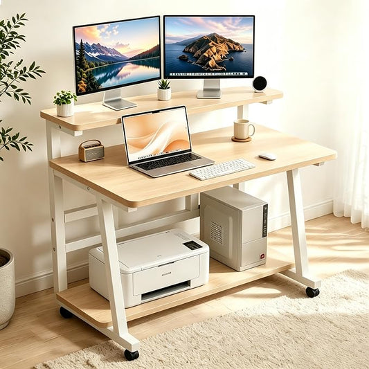 47.2 Inch Compact Rolling Computer Desk with Tier Worktable & Lockable Wheels, Small Computer Desk, Small Desk for Bedroom, Mobile Writing Workstation Easy Assembly for Home Office Small Spaces
