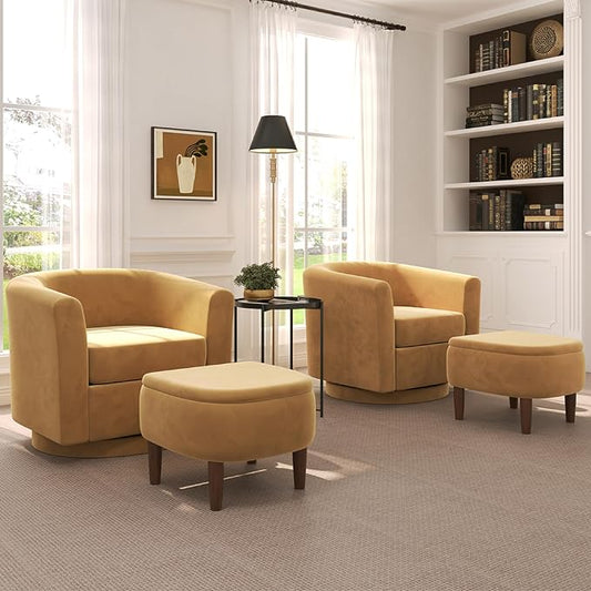 Swivel Accent Chair with Storage Ottoman Set of 2, Modern Velvet Barrel Chair, Upholstered Armchair with Footrest for Living Room/Reading/Bedroom, 25.4'' D x 28.35'' W x 24.4'' H, Yellow