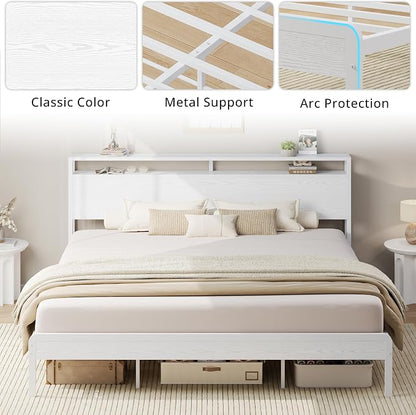 LIKIMIO California King Bed Frame with Headboard, Wood Camas California King with Strong Supports, Sturdy, Noise-Free, No Box Spring Needed, White