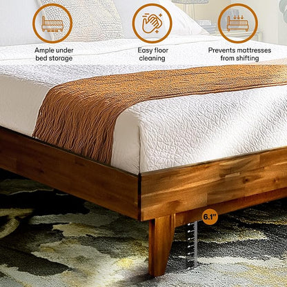 Acacia Aurora Wooden Bed with Headboard, Queen Size Bed Frame, 800lbs Capacity Wood Bed Compatible with All Mattress Types, Non-Slip & Noise-Free, Wood Slats Support, Easy Assembly, Walnut
