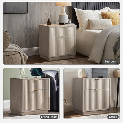 T4TREAM 23'' Fluted Nightstand Set of 2 with Charging Station, Large 2 Drawer Side Table, Modern End Table with Storage, Mid Century Bedside Table for Bedroom, Living Room, Curved Profile, White Alder