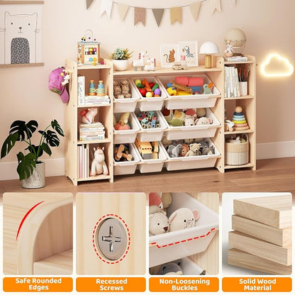 GITAWUSA Toy Storage Organizer, Kids Bookshelf with 6 Shelves, 9 Toy Bins & 6 Hooks | Toy Shelf, Storage Bin Unit, Toy Organization for Playroom, Nursery, Bedroom, Toddler Room, White, 57''W
