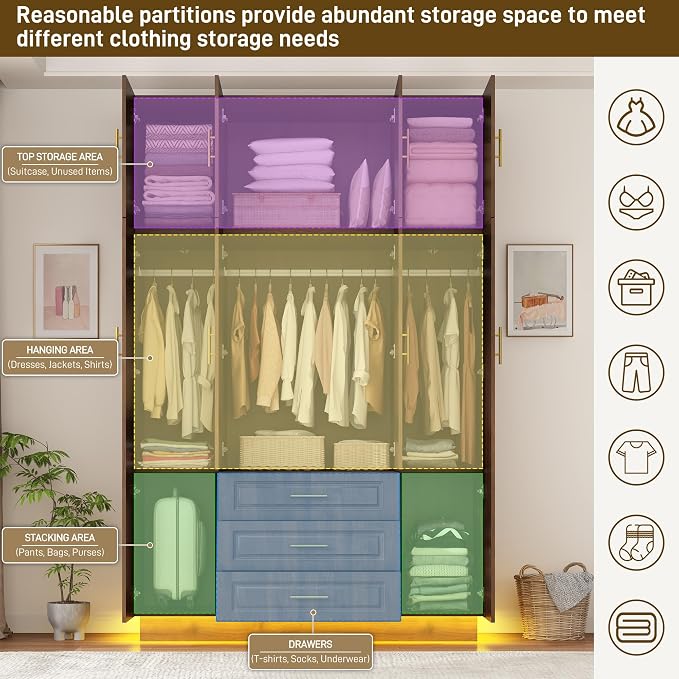 Hlivelood Large Armoire Wardrobe Closet Cabinet with Drawers and LED Lights, Multi-Tier Shelves, Hanging Rod, Large Capacity Storage 4 Door Wardrobe Armoire with Top Cabinet for Bedroom, Brown