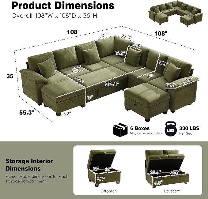 Ihanherry 108" Modular Sectional Sofa with Pull Out Bed, 9-Seater U Shaped Sectional Sleeper Couch with Storage, Chenille Convertible Couches for Living Room, Apartment (Green)