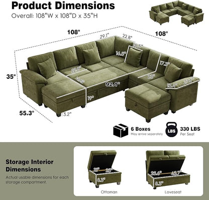 Ihanherry 108" Modular Sectional Sofa with Pull Out Bed, 9-Seater U Shaped Sectional Sleeper Couch with Storage, Chenille Convertible Couches for Living Room, Apartment (Green)