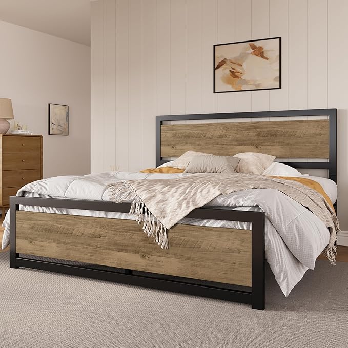 SHA CERLIN Heavy Duty King Size Bed Frame with Modern Headboard, Brown | Platform Metal Base with Square Footboard and 13 Strong Slats Support, No Box Spring Needed