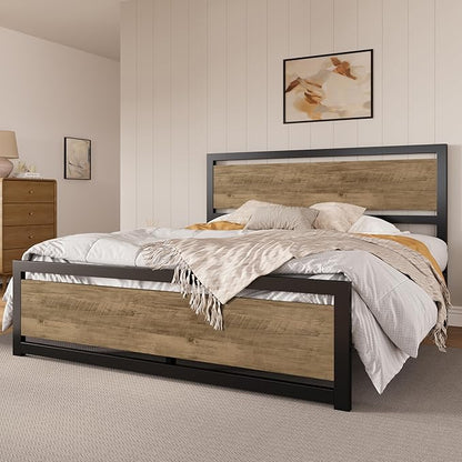 SHA CERLIN Heavy Duty King Size Bed Frame with Modern Headboard, Brown | Platform Metal Base with Square Footboard and 13 Strong Slats Support, No Box Spring Needed