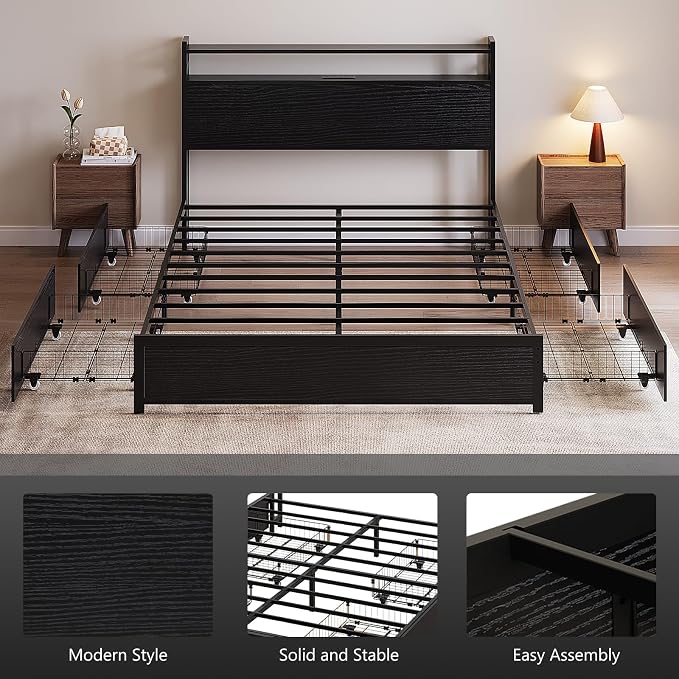 VINGLI Queen Platform Bed Frame with 4 Storage Drawers and Adjustable Headboard Shelf, Metal Bed with Charging Station and LED Lights, No Box Spring Needed, Noise Free, Easy Assembly, Black
