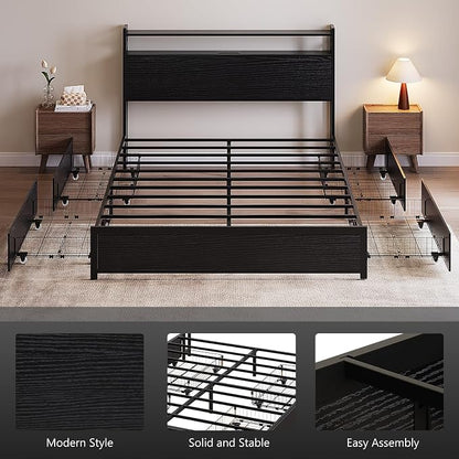 VINGLI Queen Platform Bed Frame with 4 Storage Drawers and Adjustable Headboard Shelf, Metal Bed with Charging Station and LED Lights, No Box Spring Needed, Noise Free, Easy Assembly, Black