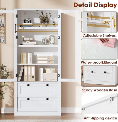 72" Tall Kitchen Pantry Cabinet - Modern Display Storage Cabinet with 2 Large Drawers, Glass Doors, and Adjustable Shelves, Farmhouse Kitchen Cupboard for Dining Room, Bathroom, Living Room, White