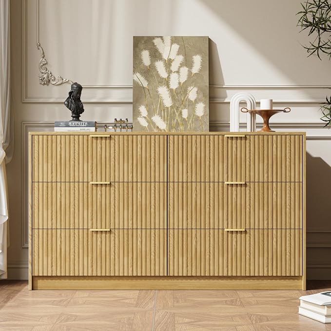 MAISONARIA 3-Piece Dresser Bedroom Set, 6 Drawer Dresser & 2 Drawer Nightstands with Gold Handles, Fluted Wood Chest of Drawers for Bedroom, Living Room, Entryway, Nature