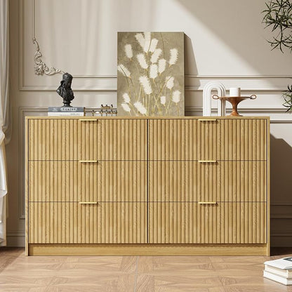 MAISONARIA 3-Piece Dresser Bedroom Set, 6 Drawer Dresser & 2 Drawer Nightstands with Gold Handles, Fluted Wood Chest of Drawers for Bedroom, Living Room, Entryway, Nature