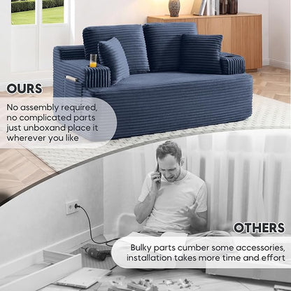 66.5'' Boneless Sofa Couch with Cup Holders & Side Pockets, Modern Corduroy Fabric Upholstered Loveseat Couch with 2 Throw Pillows for Living Room Office, No Assembly (Blue)