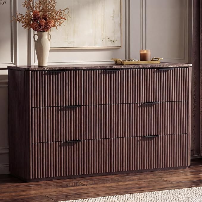 Dresser for Bedroom with 7 Drawers, 54"W Chest of Drawers, Fluted Dresser with Faux Marble Top, Curved Profile Design, Metal Handle, Wood Closet Storage Organizer for Living Room, Hallway, Dark Oak