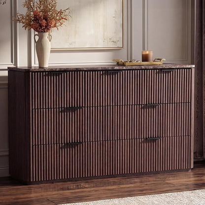 Dresser for Bedroom with 7 Drawers, 54"W Chest of Drawers, Fluted Dresser with Faux Marble Top, Curved Profile Design, Metal Handle, Wood Closet Storage Organizer for Living Room, Hallway, Dark Oak