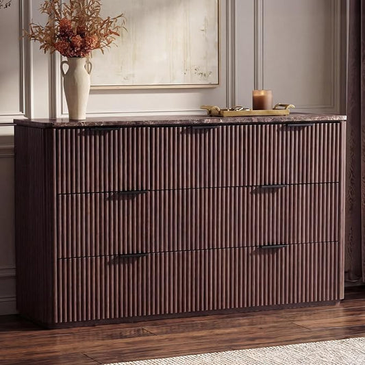Dresser for Bedroom with 7 Drawers, 54"W Chest of Drawers, Fluted Dresser with Faux Marble Top, Curved Profile Design, Metal Handle, Wood Closet Storage Organizer for Living Room, Hallway, Dark Oak