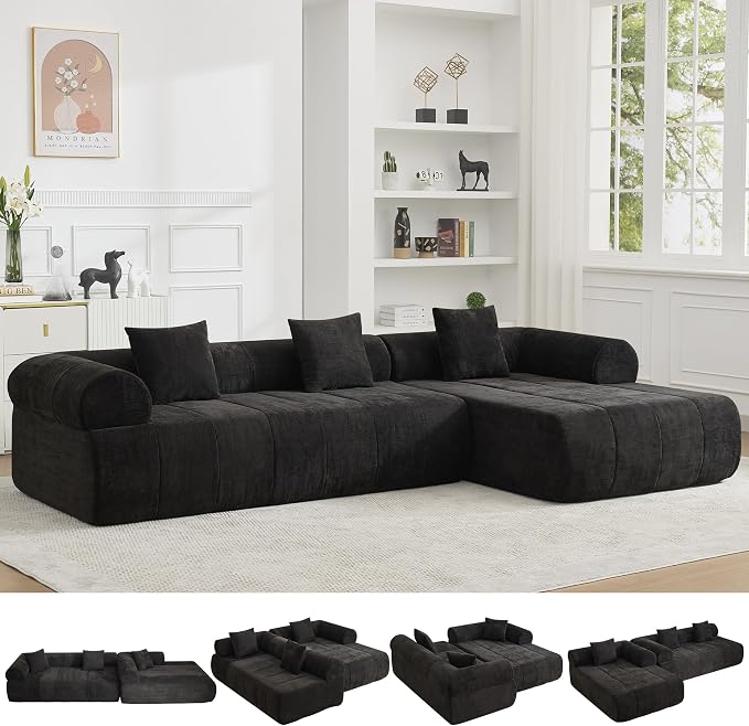 119'' Curved Boneless Sofa Couch, 3 Seat Cloud L Shaped Deep Seat Couches for Living Room, No Assembly Modular Sofa with Right Chaise Lounge, Black