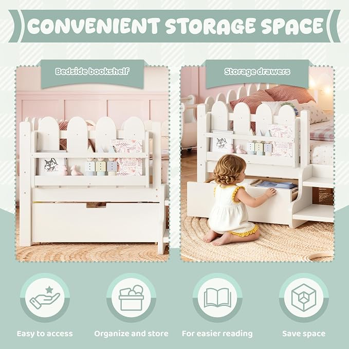 Bellemave Queen Size Montessori Bed with Stairs, Lights, Rails and Slats, Queen Size Montessori Floor Bed with Bookshelf and 2 Storage Drawers, Easy Assemble Beds Frame for Girls, Boys, Beige