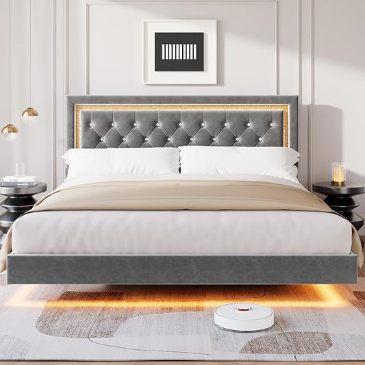 Garvee Floating Bed Frame King Size with Smart Led Lights, Upholstered Platform Bed with Diamond Headboard, Solid Wood Slats Support, No Box Spring Needed, Noise-Free, Easy Assembly, Grey