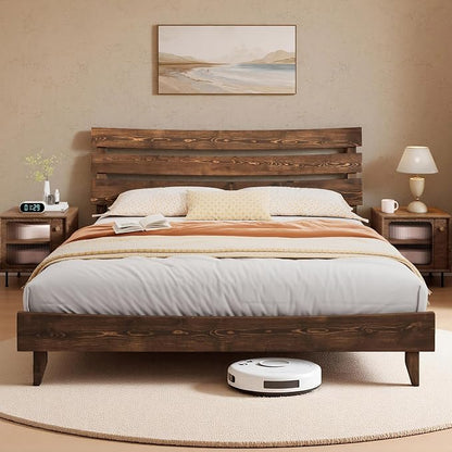 LUXOAK 14 Inch Solid Wood Bed Frame with Headboard, Japanese Bed Frame, Mid-Century Style Queen Size Platform Bed with Wood Slats Support, No Box Spring Needed, Easy Assembly, Chocolate