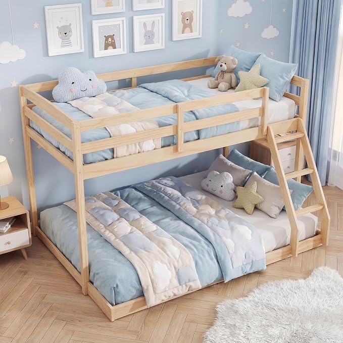Giantex Twin Over Full Bunk Bed, Solid Wood Kids Bunk Bed with Full-Length Guardrails & Ladder, Low Bunk Beds with Slats Support for Kids, Teens, No Box Spring Needed, Natural