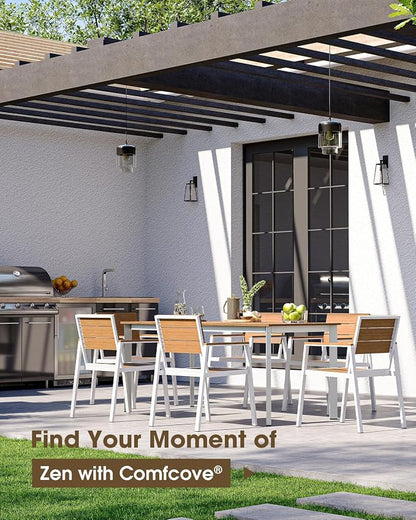 Outdoor Dining Set for 6, Aluminum Patio HDPS Outdooor Table and Chairs Set with Umbrella Hole, All Weather Patio Furniture Set, 7 Peice Patio Dining Table Set (White & Teak)